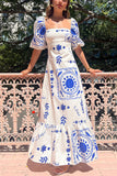 Square Neck Puff Sleeve Quilted Hem Boho Print Vacation Maxi Dresses-Blue