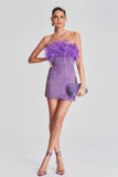 Sequin Strapless Feather Trim Bodycon Mini Party Dresses