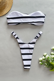 3D Flower Decor Striped Strapless Bikini Two-Piece Set-White