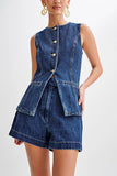 Button Up Slit Tank Top High Waist Shorts Denim Matching Set-Blue