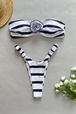 3D Flower Decor Striped Strapless Bikini Two-Piece Set-White