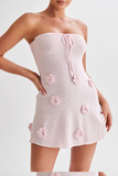 Strapless Tie Up Slim Fit 3D Flower Decor Knit Mini Dresses-Pink