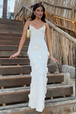 3D Flower Decor Knit Slim Fit Backless Spaghetti Strap Maxi Dresses-White