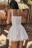 A-line White Boat Neck Tied Up Cami Backless Lace Up Pleated Embroidery Hem Mini Dresses