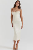 Beads Pearls Fringed Trim Strapless Corset Bodycon Midi Dresses-White