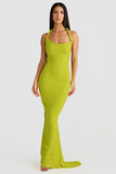 Rope Halter Open Back Bodycon Fishtail Hem Maxi Dresses-Green