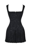 Lace-Up Corset Sleeveless Pleated Jacquard Mini Dress-Black