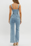 Square Neck Corset Front Zip Flared Leg Denim Strappy Jumpsuit-Blue