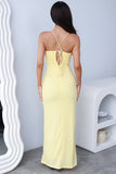 Plunge Neck Spaghetti Strap Slim Fit Jacquard Maxi Dresses-Yellow