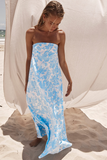 Floral Print Boat Neck Loose Fit Vacation Maxi Tube Dresses-Blue