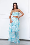 Ruched Sweetheart Neck Sleeveless Crop Top Ruffled Trim Maxi Skirt Pattern Print Matching Set