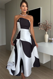 Colorblock Strapless A-Line Cocktail Party Midi Dresses-Black