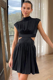 Pleated Sleeveless Cutout Mock Neck Midi Dresses