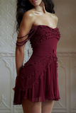 Ruffled Trim Dropped Shoulder A-Line Mini Dresses-Burgundy