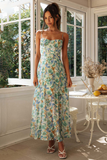 Floral Print Tie Up Backless Slit Flowy Hem Slip Maxi Dresses-Green