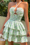 Ditsy Floral Print Cutout Sleeveless Halter Cinch Waist Tiered Ruffled Mini Dresses-Green