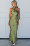 Halter Rosette Decor Open Back Slim Fit Satin Maxi Dresses-Green