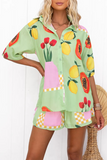 Flower Fruits Print Half Sleeve Blouse Casual Shorts Matching Set-Green