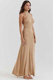 Stand Collar Backless High Slit Party Maxi Dresses-Khaki