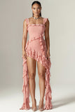 Square Neck Tiered Ruffle Sash Party Asymmetric Mini Dresses-Pink