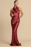 Halter Cowl Neck Backless Gown Party Maxi Dresses-Burgundy