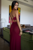 Halter Neck Corset Tie Up Backless Slim Fit Maxi Dresses-Burgundy