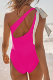 One Shoulder Tie Up Bow Backless Plain One-Piece Swimsuit-Black