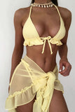 Ruffled Trim Sheer Mesh Cover Up Tie Straps Bikini