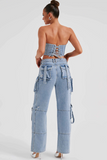 Denim Strapless Irregular Crop Corset Pockets Straight Leg Cargo Jeans Matching Set-Blue