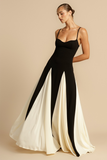 Colorblock Patchwork A-Line Flowy Slip Maxi Dresses-Black