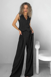 Striped V Neck Button Up Waistcoat Wide Leg Pants Matching Set-Brown