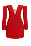 Deep V Collar Off Shoulder Long Sleeve Mini Blazer Dresses-Red