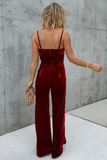 Velvet Solid Color Cami High Waist Straight Leg Jumpsuit-Burgundy