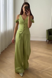 Ruched Dropped Shoulder V Neck Waistcoat Wide Leg Pants Matching Set-Green