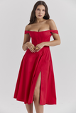 Dropped Shoulder Corset A-Line Slit Solid Color Midi Dresses-Red