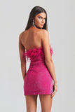 Sequin Strapless Feather Trim Bodycon Mini Party Dresses