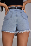 Denim High Waist Raw Edge Irregular Skort-Blue