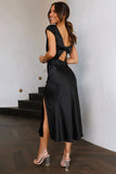 Satin Boat Neck Short Sleeve Backless Twisted Slit Flowy Bridesmaid Midi Dress