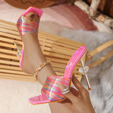 Heart-Shaped Rhinestone Colourful Striped Square Toe Stiletto Heels