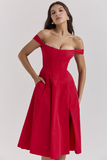 Dropped Shoulder Corset A-Line Slit Solid Color Midi Dresses-Red