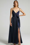 V Neck Knotted Split Gown Slip Maxi Dresses