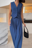 V Neck Waistcoat Plain Wide Leg Pants Matching Set-SlateGray