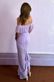 Off Shoulder Ruffled Slim Fit Textured Maxi Dresses-Purple