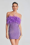 Sequin Strapless Feather Trim Bodycon Mini Party Dresses