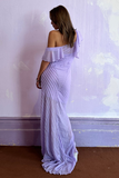 Off Shoulder Ruffled Slim Fit Textured Maxi Dresses-Purple