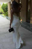 Knit V Neck Slim Fit Pleated Fishtail Hem Maxi Tank Dresses-White