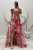 Floral Print Off Shoulder Ruched Slit Maxi Dresses-Fuchsia