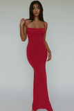 Spaghetti Strap Slim Fit Backless Solid Color Maxi Dresses-Red