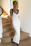 Deep V Neck Colorblock Trim Slim Fit Knit Slip Maxi Dresses-White