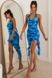 Tie Dye Deep V Neck Halter Slim Fit Ruched Ruffled Mini Dresses-Blue